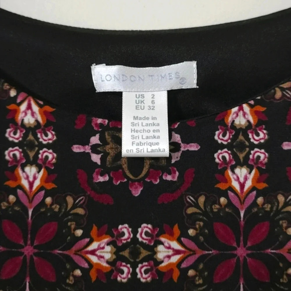 LONDON TIMES Dark Multi Color Boho Mini Shift Dress, 3/4 Bell Sleeves, Size 2 - Picture 5 of 13